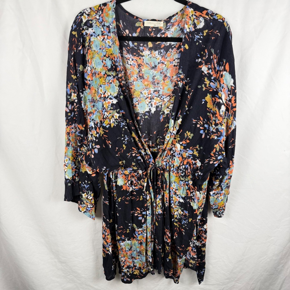Lovestitch Dark Blue Floral Boho Kimono 1X Romantic Coverup Loungewear Colorful